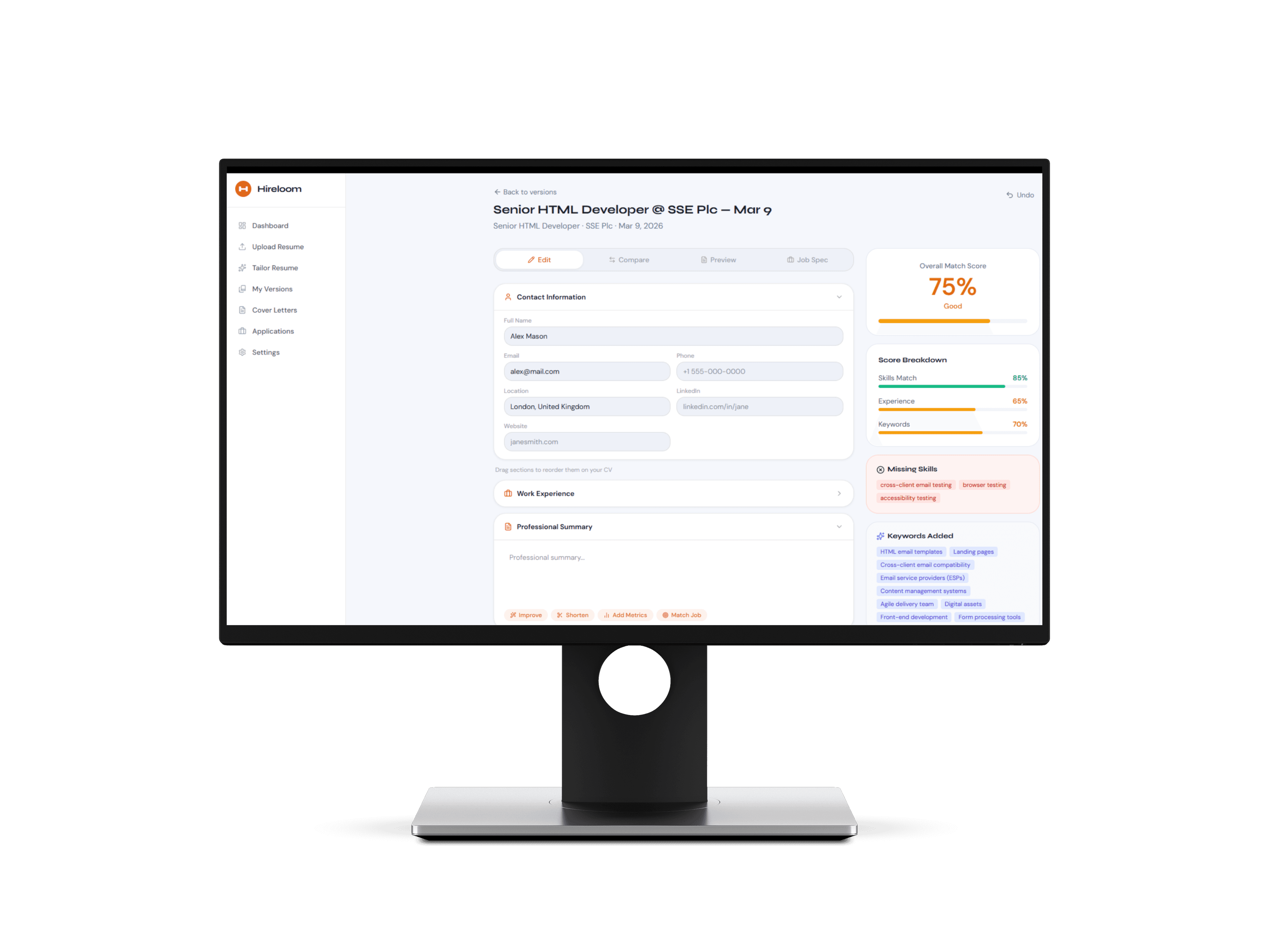 Hireloom desktop interface showing resume tailoring and job-match features